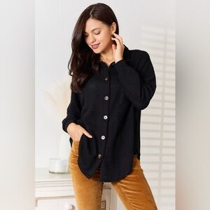 Double Take Waffle-Knit Collared Neck Dropped Shoulder Shirt